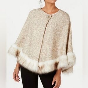 JM Collection Faux Fur Trim Poncho; size L/XL